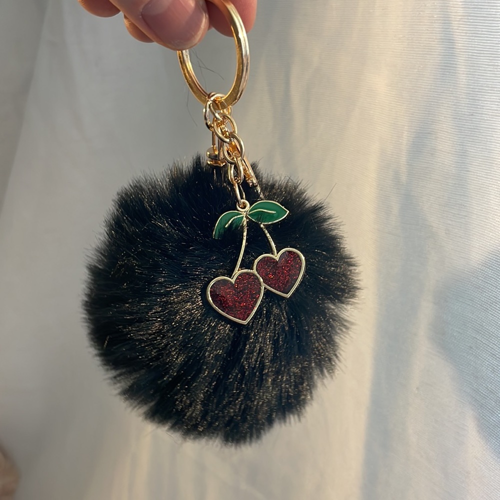 NEW black Pom with Rhinestone cherry heart charm luxury style keychain